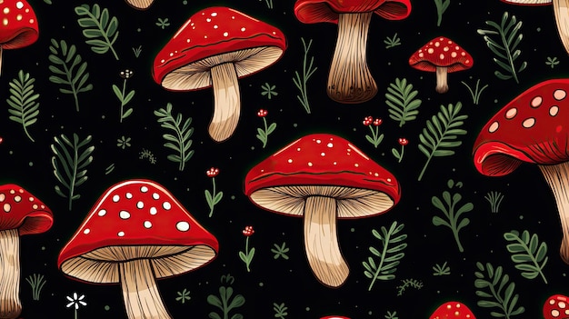 Een naadloos patroon van paddenstoelen met rode bloemen en groene bladeren.