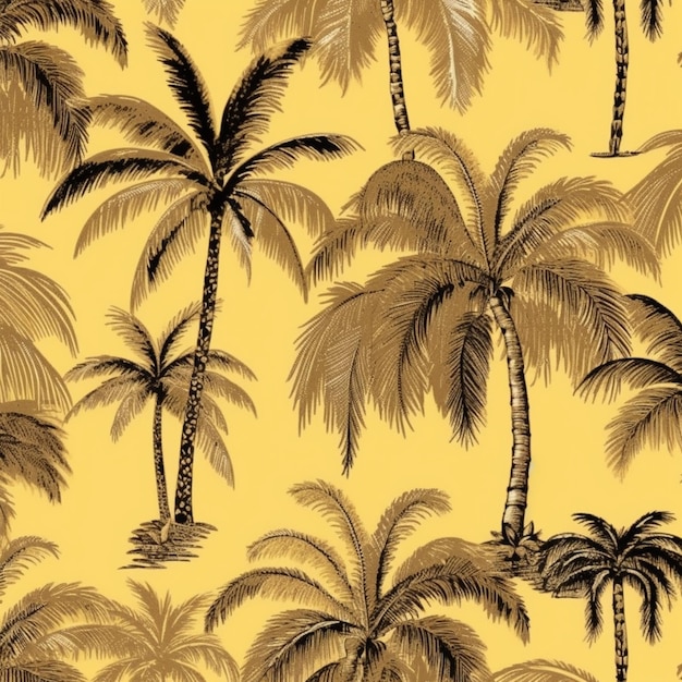 Een naadloos patroon van palmbomen op een gele achtergrond generatieve ai