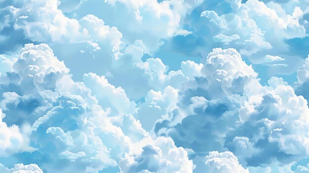Een naadloos patroon van pluizige witte wolken tegen een blauwe hemel De wolken zijn weergegeven in een realistische stijl en het beeld heeft een zachte dromerige kwaliteit