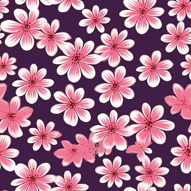 Een naadloos patroon van roze bloemen op een paarse achtergrond.