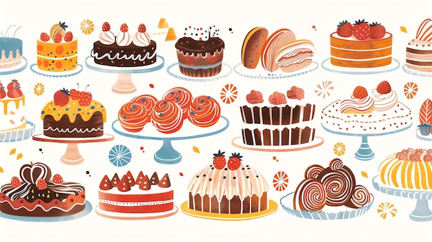 Een naadloos patroon van verschillende cakes en gebak De cakes zijn versierd met aardbeien glazuur en andere zoete lekkernijen
