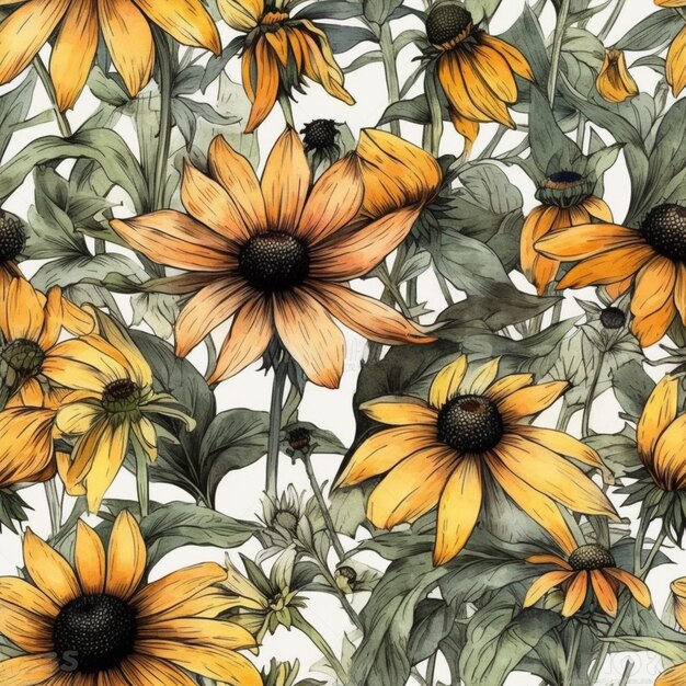 Een naadloos patroon van zonnebloemen op een witte achtergrond.