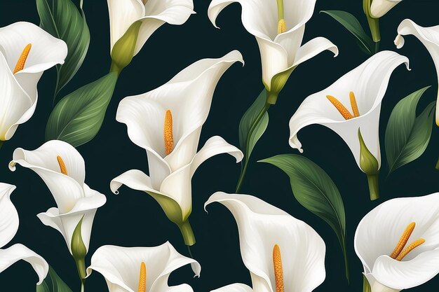 Foto een naadloze achtergrond met een sierlijke rangschikking van calla-lelies die bekend staan om hun elegante en beeldhouwkundige witte bloemen en een sfeer van verfijning creëren