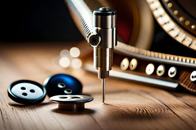 Een naaimachine met knopen op een tafel