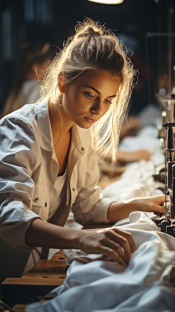 Een naaister in een kleermakerij gebruikt een naaimachine om stof te naaien