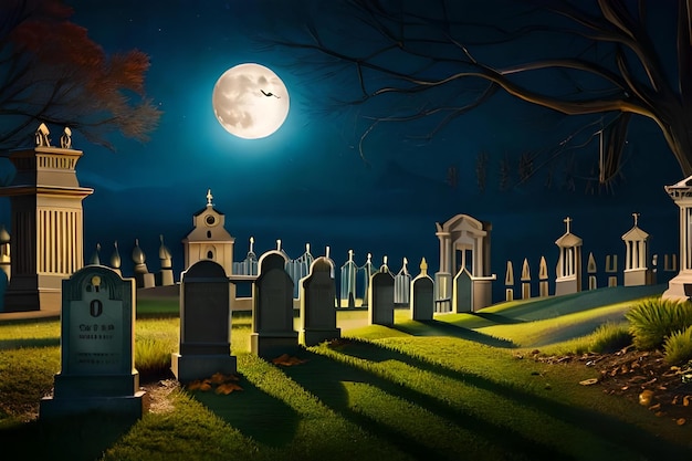 Foto een nacht met volle maan op een kerkhof