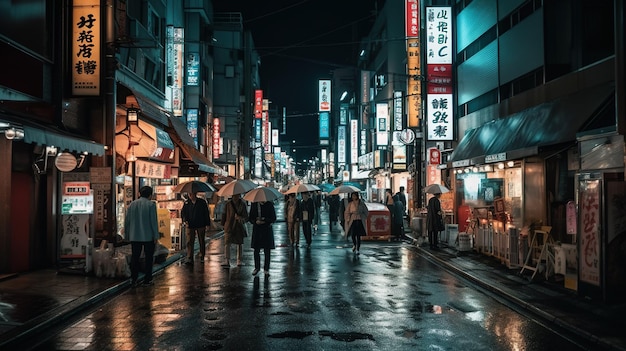 Een nachtelijk straatbeeld in de stad Tokio