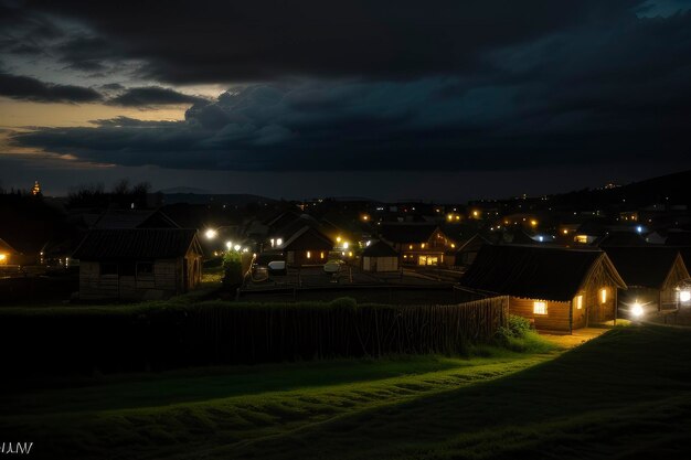 een nachtelijk uitzicht op een dorp met een hek en een straatverlichting