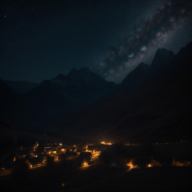 Een nachtelijke hemel met een met sterren gevulde hemel boven een dorp.