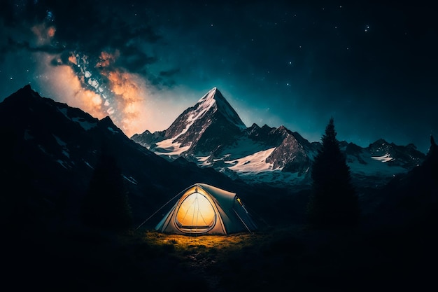 Een nachtelijke opname van een kleine tent op een open plek omringd door alpine