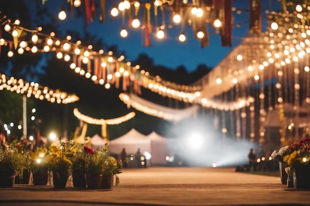 een nachtelijke scène met bloemen en lichten en een tent op de achtergrond