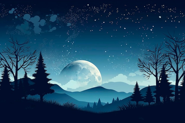 Een nachtelijke scène met een berglandschap en een sterrenhemel.
