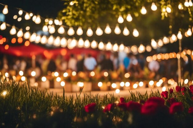 een nachtelijke scène met een bos lichten en een bos bloemen