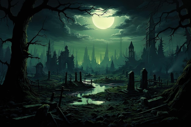 Een nachtelijke scène met een donker gotisch kasteel en begraafplaats spookachtige thema's door generative ai