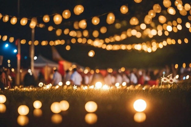 een nachtelijke scène met lichten en mensen in het gras