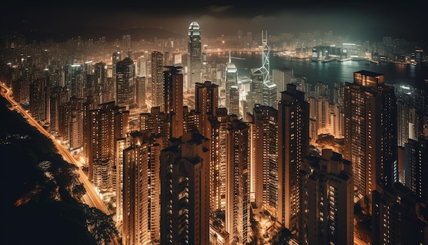 Een nachtopname van de skyline van Hongkong met een stadsgezicht op de achtergrond.