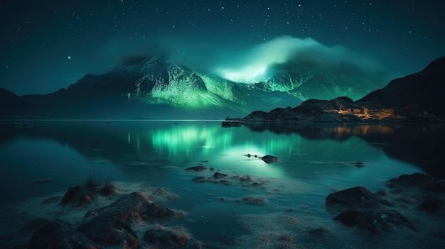 Een nachtscène met bergen en een meer