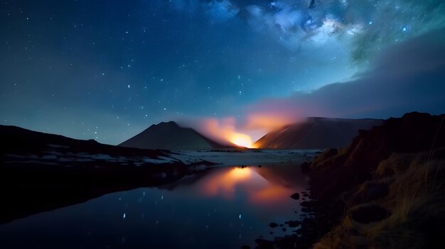 Een nachtscène met een berg en een sterrenhemel