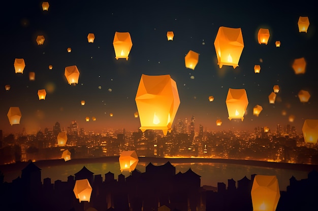 Een nachtscène met een lantaarn die boven een stad zweeft.