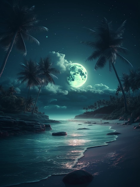 Een nachtscène met een maan en palmbomen
