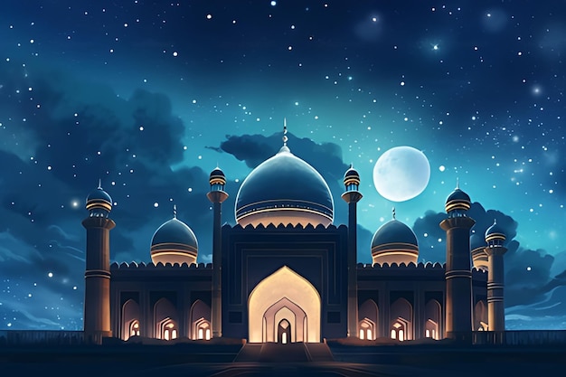 Een nachtscène met een moskee en de maan