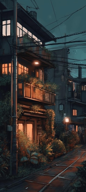 Een nachtscène met een straatlantaarn en een huis met een plant erop.