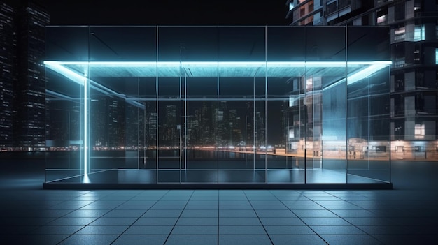 Een nachtscène van een glazen gebouw met neonlicht.