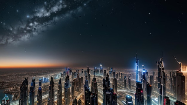 Een nachtzicht van Dubai met een sterrenhemel en een stadsgezicht