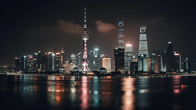 Een nachtzicht van Shanghai met de Bund Tower op de achtergrond