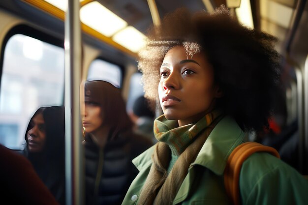 Een nadenkende Afro-Amerikaanse vrouw rijdt naar huis met het openbaar vervoer van de stad na het werk Passagiers pendelen in de bus Openbare busrit