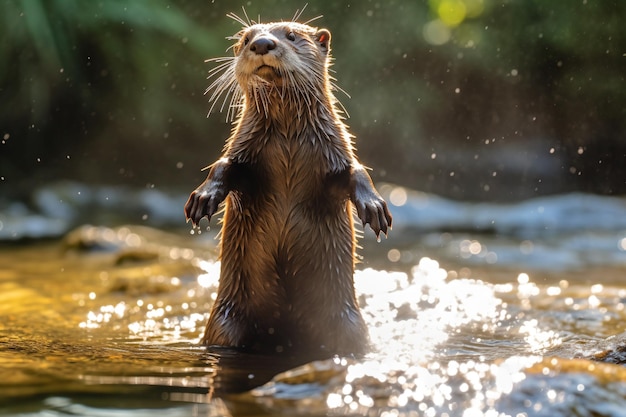 een natte otter die op zijn achterpoten in het water staat