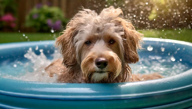 Foto een natte pluizige hond in een opblaasbaar zwembad in de tuin