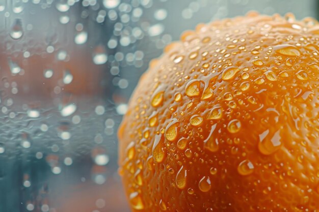 Een natte sinaasappel met waterdruppels erop.