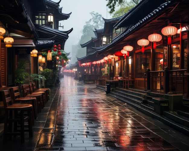 een natte straat in een Chinees dorp met lantaarns