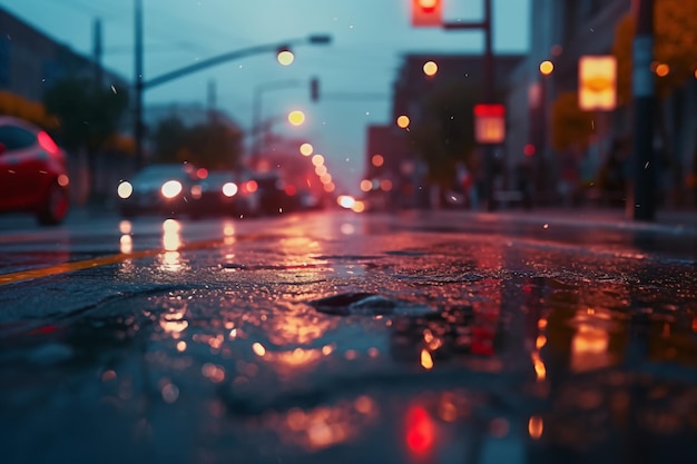 een natte straat met auto's en een stoplicht