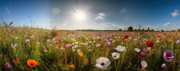 Een natuurlijk en sereen landschap van een kleurrijke bloemenweide in volle bloei