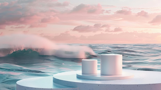 Een natuurlijke schoonheid podium achtergrond met een cilinder doos wordt gebruikt om cosmetische producten weer te geven Abstract 3D scène compositie achtergrond met zeegebied bijvoorbeeld