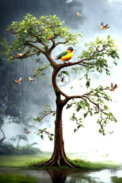 Foto een natuurtuin met een beeld van een boomvogel
