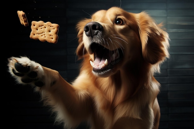 Foto een nauwkeurig onderzoek van een hond die een generatief koekje vangt door ai