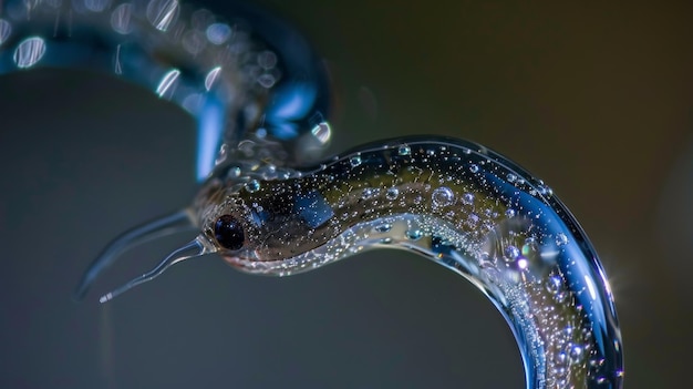 Een nematode die door een waterdruppel beweegt en zijn sierlijke lichaamsbewegingen en vermogen toont om