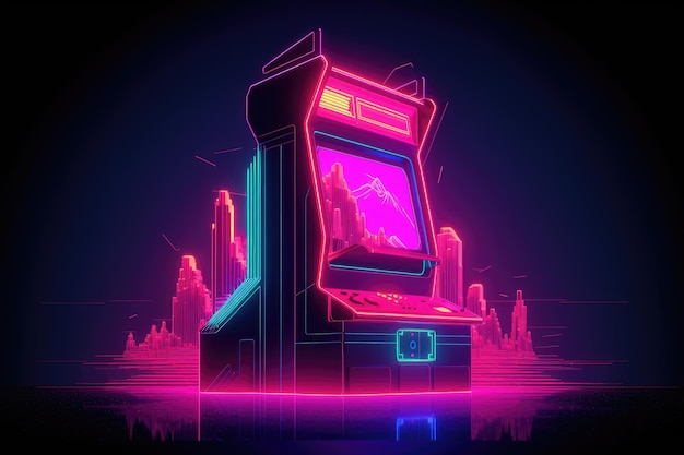 Een neon-arcadespel met een stad op de achtergrond.