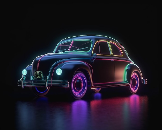 Een neon auto met neon lichten erop