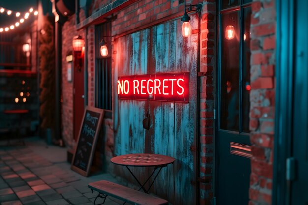 Een neon bord met de tekst "Geen spijt" op de muur.