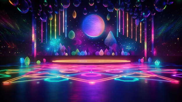 Een neon dansvloer met een maan en sterren op de achtergrond.