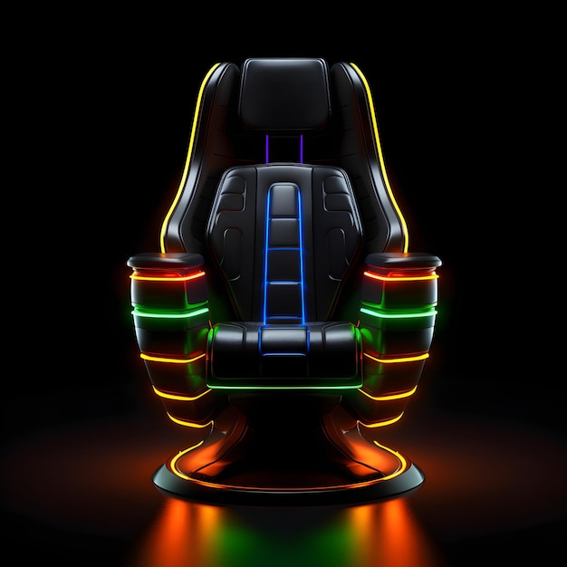 Een neon-gamingstoel licht op in het donker.