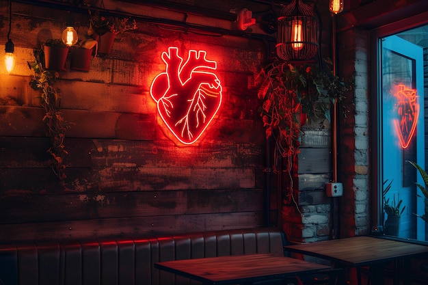 Een neon hart teken op een muur in een restaurant