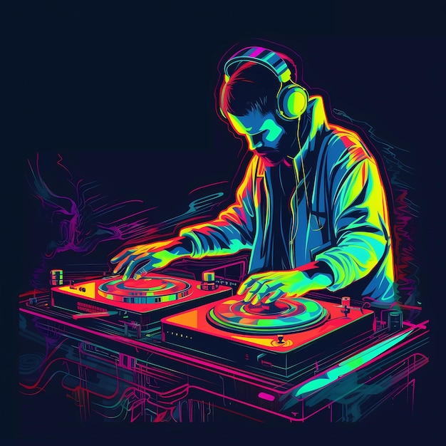 Een neon illustratie van een dj met een draaitafel in zijn hand.