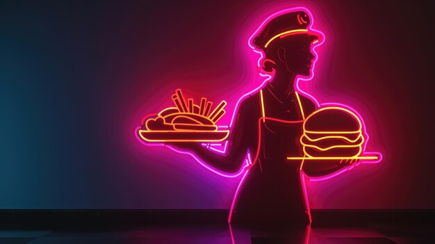 Foto een neon lichte omtrek van een serveerster met een dienblad met burgers en frietjes die de vriendelijke en