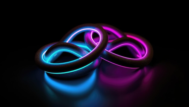 Een neon oneindigheidsring licht op in paars en blauw.