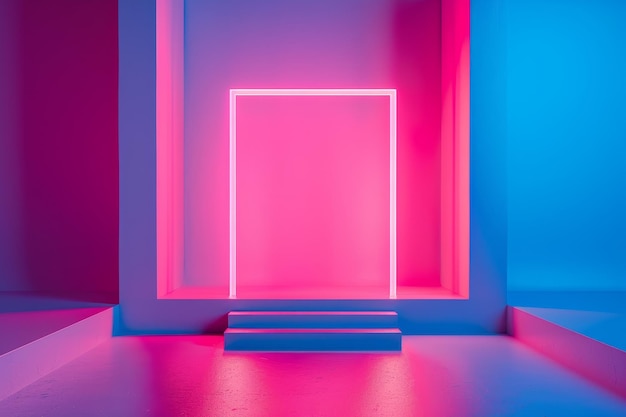 Een neon roze deur is verlicht in een kamer met blauwe muren